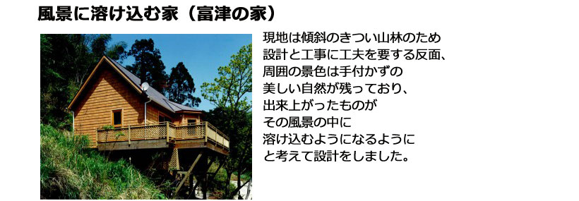 現地は傾斜のきつい山林のため設計と工事に工夫を要する反面、周囲の景色は手付かずの美しい自然が残っており、出来上がったものがその風景の中に溶け込むようになるようにと考えて設計をしました。