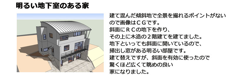斜面にＲＣの地下を作り、 その上に木造の２階建てを建てました。 地下といっても斜面に開いているので、 掃出し窓がある明るい部屋です。 建て替えですが、 斜面を有効に使ったので 驚くほど広くて眺めの良い 家になりました。