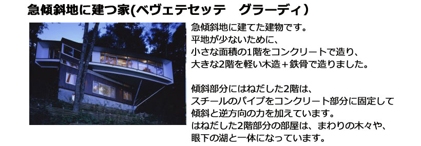 急傾斜地に建てた建物です。平地が少ないために、小さな面積の1階をコンクリートで造り、大きな2階を軽い木造＋鉄骨で造りました。傾斜部分にはねだした2階は、スチールのパイプをコンクリート部分に固定して、傾斜と逆方向の力を加えています。はねだした2階部分の部屋は、まわりの木々や、眼下の湖と一体になっています。
