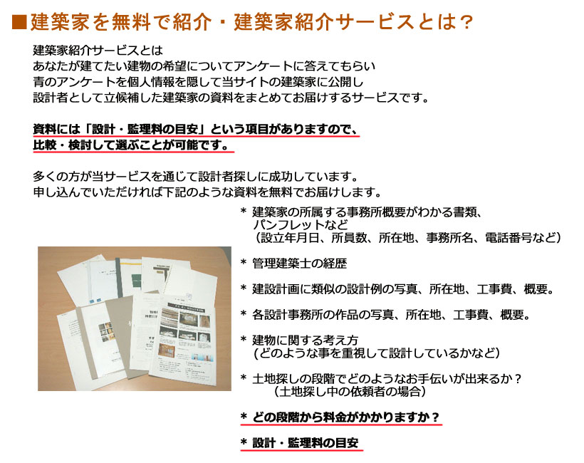 ■建築家を無料で紹介・建築家紹介サービスとは？建築家紹介サービスとはあなたが建てたい建物の希望についてアンケートに答えてもらい青のアンケートを個人情報を隠して当サイトの建築家に公開し設計者として立候補した建築家の資料をまとめてお届けするサービスです。資料には「設計・監理料の目安」という項目がありますので、比較・検討して選ぶことが可能です。多くの方が当サービスを通じて設計者探しに成功しています。申し込んでいただければ下記のような資料を無料でお届けします。*建築家の所属する事務所概要がわかる書類、パンフレットなど（設立年月日、所員数、所在地、事務所名、電話番号など）*管理建築士の経歴*建設計画に類似の設計例の写真、所在地、工事費、概要。*各設計事務所の作品の写真、所在地、工事費、概要。*建物に関する考え方(どのような事を重視して設計しているかなど）*土地探しの段階でどのようなお手伝いが出来るか？（土地探し中の依頼者の場合）*どの段階から料金がかかりますか？*設計・監理料の目安
